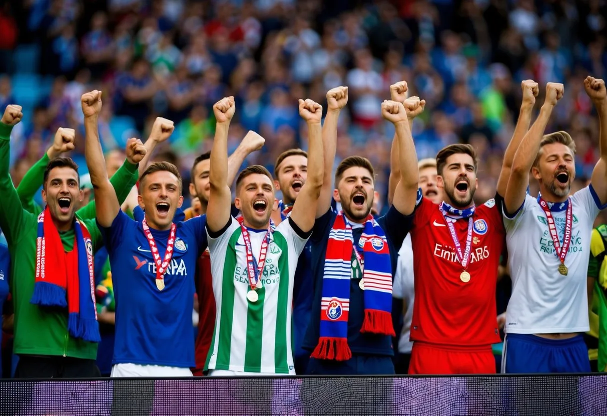 En gruppe venner der hepper til en live fodboldkamp iført deres yndlingsholds trøjer og tørklæder omgivet af kampens spænding